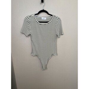 Carly Jean Los Angeles Womens Green & White Striped Short Sleeve Bodysuit L